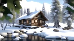 this small log cabin is snow covered during the day with christmas decorations and trees in the background with a small river bank in 8k real detail