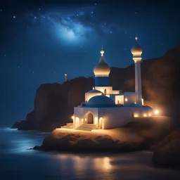 Islamic small mosque at night, the mosque stands on a rock, the sea is below, the light is on in the mosque windows, there are many stars in the sky, the sky is dark blue