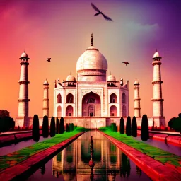 The Taj Mahal, Hindistan, sunset, rainbow sunset, fantasy art, flying birds, springs