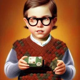 Peter billingsley chubby kid Tortoise-shell glasses, Holding a ((Wet dark red soap bar)) in his hand, brown argyle sweater