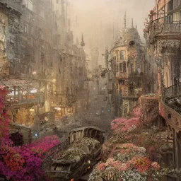 Insanely detailed photograph of an “portrait of gorgeous city” with intricate gears, intricate embroidered band, hyperdetailed painting by Ismail Inceoglu Huang Guangjian and Dan Witz CGSociety ZBrush Central fantasy art album cover art,8K, hdr, romantic, mysterious, ominous, flowers, jewelry, steam,oil,cafe