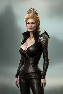 Cersei Lannister as evil queen in black leather, busty, cleavage, voluptuous, lena headay, angry, stern look. character design by cory loftis, fenghua zhong, ryohei hase, ismail inceoglu and ruan jia. unreal engine 5, artistic lighting, highly detailed, photorealistic, fantasy