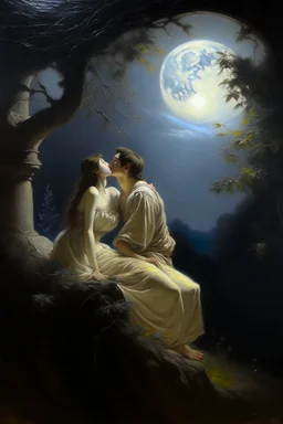 Oil painting kiss under the moonlight in ancient times