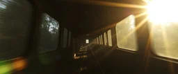 get inside the rabbit train in the style of Rembrandt and Fallout 4, with motion blur and volume fog and sun rays and lense flare