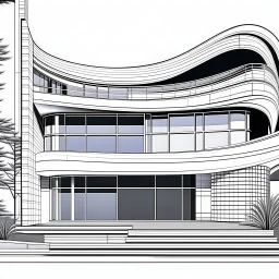 Arte lineal Vista frontal de una casa campestre moderna, estilo Zaha Hadid, minimalista