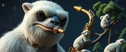 close up on member of sax jazz giant polar alien sloth gremlin sheep flock climbing trees