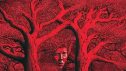 red tree, highly detailed, beautiful desktop wallpaper, comic style, many human faces on tree