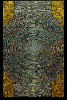 the machinery of existence; a mobius strip of optical ink art inspired by Escher filled in with Iridescent golden elements inspired by Klimt and colorful elements inspired by Klee