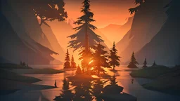 Stylized image of a forest, near a serene lake and mountains in the background at sunrise