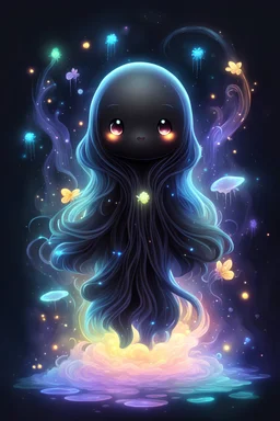 a lonely bioluminiscent transparent cute chibi (((black ghost))) flowing in a mystical rainbow, fireflies, 8K, HD, intricate details, anime style