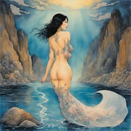 [art by Milo Manara] In the ethereal realm of dreams, where reality intertwines with the fantastical, here was the Asian Japanese mermaid with tattoos standing. The scene unfolded like a vivid painting, bathed in a soft, otherworldly glow. The rock she perched upon seemed to emanate a gentle luminescence, illuminating the surrounding underwater world.Her half-fish form exuded an air of enchantment, her scales shimmering in a mesmerizing display of iridescent hues. They glistened with an otherwor