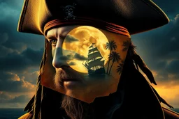 create a surreal double exposure of a pirate captain with a leather eye patch bearing a skull emblem. His face is overlaid with a faded treasure map, torn and weathered. Inside his silhouette, a pirate ship sails near a distant island under a full glowing moon, clouds drifting past, palm trees in the background. His coat and hat blend into storm clouds, golden and dark blue tones, ultra-detailed, cinematic --v 7 --style raw --ar 3:4