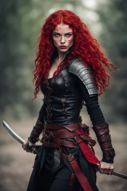 Young warrior woman, with green eyes and freckles. With long blood red curls. Dressed in a tight leather epic black and red clothing. Carrying two swords.