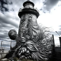 Impasto Cascade Hallucination, retinue of moons, by Phlegm, graffiti lighthouse