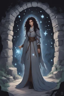 A female DnD character in a dark cave. A mysterious half-elf twilight cleric with dark, super curly hair and blue eyes. Wearing a grey robe with star symbols on it.