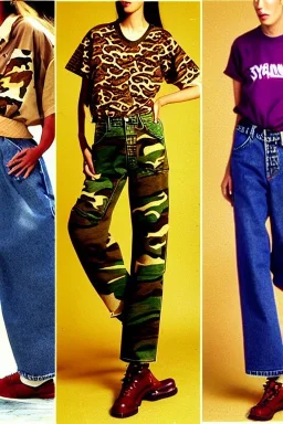 year 1996 denim fashion. Loose fit, "combat pants" with low waist, baggy, Combat pants and t-shirt. Colors: denim blue, blue, purple, khaki, light green, lilac, plum, orange, terracotta, red, pink, dark blue, beige. Women models. Patterns: Something between camouflage and cheetah prints, stripes.Something between camouflage and cheetah prints.Jennifer Lopez, Gwyneth Paltrow, . Big tennis shoes on. Cargo pants. street vs. grunge