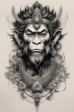 Create a captivating modern 2d black ink tattoo design for print , prestigious Divine Monkey King using the elegant influences of japan art style, for print, dynamic elements from fashion and design, and bold Japanese contemporary art aesthetics, framing centered in the center, distanced from the edges of the paper perimeter, perfect anatomy, bauhaus, Divine Proportion,