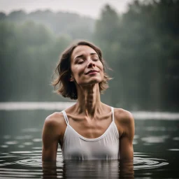 photography of a beautiful and happy anorexic woman, standing in lake water, eyes closed, meditation, white top, yoga flyer, brunette short wavy bob haircut, serenity, misty, relaxing image, white misty colors, foggy sunlight