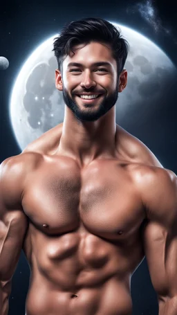 Hyper Realistic Shirtless Muscular Young Handsome man with beard & short black hair & red eyes on moon smiling in outer space