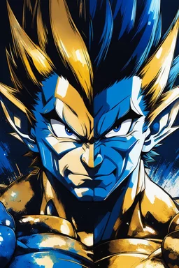 Poster in two gradations, split in half, one side "Vegeta", other side "Goku", midline of the face, painting by Yoji Shinkawa, dark blue and GOLD detailed iridescent, metallic, translucent, dramatic lighting, hyper futuristic, digital art,
