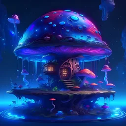 A floating island mushroom house in space. Blue purple red, deep space nebulas. Detailed gloss Painting, bright color, fantastical, intricate detail, splash screen, hyperdetailed, insane depth, concept art, 8k resolution, trending on Artstation, Unreal Engine 5, color depth, backlit, splash art, dramatic, High Quality wonderland Fun Imaginative, good composition