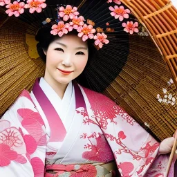 close up of stunning, gorgeous Japanese woman in traditional kimono with intricate flowers and jewels in hair, bamboo umbrella, mist, 8k, high-quality, ultrafine-detail, intricate, oil painting, brian froud, howard lyon, anna dittmann, Greg Rutowski, alphonse mucha