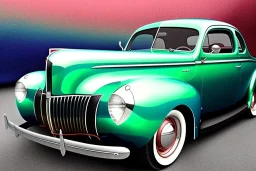 a true-to-life 1940 ford coupe, two-tone paintwork, classic hotrod wheels, pen and color marker, centered, intricate, extreme detailed, photorealism, center view, stylized random background, pivot on ford, painting by cheryl kelley