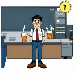 an very sad transparent drinking glas man with legs and shoes, working clothes, in a factory, nobody cares about the empty glas, that is why he is so sad :( , he had worked 30 years in the factory and never had a salary increase, tears in his eyes, cartoon style