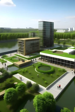 crie um projeto de praça urbana com quiosque, areas verdes, lago, e uma edificaçao de centro cultural