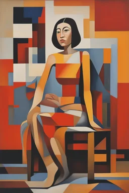 painting of a tired woman sitting on a chair, cubist vibe, sleeveless, oilpaint, variations around female, scarlet and orange blast color dynamics, 1970s philippines, family portrait,centre composition, viet aspect