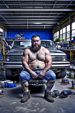 full figure shot photography of a short ugly hefty burly dirty chubby hairy angry man turkish 28 years old, hair, beard, shirtless, tattoo, manly chest with bulging opened short pants, hairy, angry eyes, inside a mechanical workshop under the sun sitting on the hood of a car, open legs, photorealistic, ambient occlusion, side light , frontal view from the floor