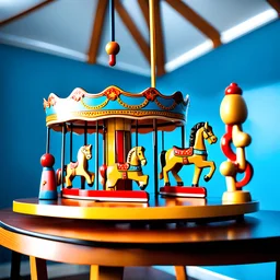 wooden toy carousel on a large table in a blue room
