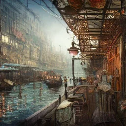 Insanely detailed photograph of an “artitcture plans of a city market along waterway” with intricate gears, intricate embroidered band, hyperdetailed painting by Ismail Inceoglu Huang Guangjian and Dan Witz CGSociety ZBrush Central fantasy art album cover art,8K, hdr, romantic, mysterious, ominous, flowers, jewelry, steam,oil,cafe