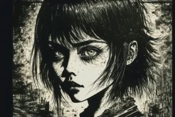 create a disturbing horror pen and ink sketch of a dark haired, savage, gothpunk vampire girl with highly detailed , sharply defined hair and facial features, in a dark, otherworldly London in the style of Junji Ito, precisely drawn, inked, with dramatic edges,