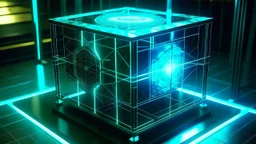 Cube tesseract from movie Loki. Tesseract should not be cropped. Located strictly in the middle of picture with navy blue/green glow inside tesseract. Without surface/table on which it stay.