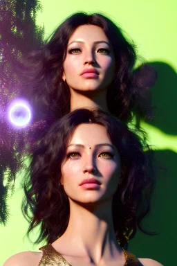 Female druid, Realistic image, natural waist up portrait, perfect eyes, glow, circle iris, eye liner, spray line make up, glow, gold. big rings piercing, vibrant color, highly detailed, art stations, concept art, smooth, unreal engine 5, god lights, ray tracing, RTX, lumen lighting, ultra detail, volumetric lighting, 3d, finely drawn, high definition, 4k.