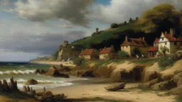 A small village near a beach painted by Gustave Courbet