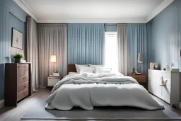 A bedroom for a 30 year old couple. Situated in Oslo. The bedroom has light blue walls, and a window with linen curtains. In the middle is a king size bed with a headboard made of white wool that goes along the whole wall. The headboard has integrated nightstands in dark brown oak. On the floor is a silver visjose carpet over oak parquet floors. On the wall facing the bed, is just a picture of three horses made by the swedish painter ann margrethe claren.