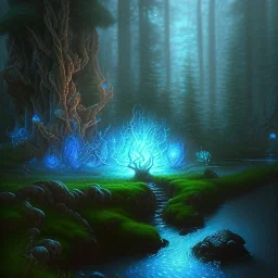 medium close up of blue robed water monk with long beard, megalith, chasm, candle light, torches, Dark fantasy concept art, dynamic lighting, Intricately detailed, Splash screen art, deep color, Unreal Engine, volumetric lighting, blue flowers, moss, leather, creek, flowing water, fantasy dark forest artwork,back light