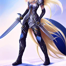 blond anime girl with dark blue eyes holding sword, full body view