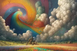 collaboration between Salvador Dali, Vincent Van Gogh, and Jean Baptiste Monge. Swirling rainbow storm clouds over a vast field of long grass and plentiful flowers swaying in the winds. Modifiers: fantasy many rainbow bubbles photorealistic beautiful colourful cinematic postprocessing Van Gogh acrylic art pencil sketch quilling salvator dali Craig Rutkowski