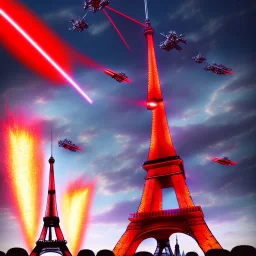 Robot géant extra terrestre tire laser rouge vif sur la tour eiffel, militaires tirent sur le robot