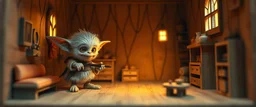 air brush 3d with pen outline,spaghetti western fluffy goblin edgy hero, shallow depth of field, warm lantern, pin hole cam in doll house, bottom floor board edge border