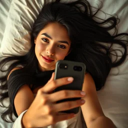 A beautiful 25-year-old woman lying on a bed, taking a selfie from above with her phone. She has long black hair spread naturally over the pillow, wearing a cozy and cute pajama top. Her expression is relaxed and confident, with soft natural makeup and clear skin. The lighting is warm and gentle, creating a calm and intimate mood. The scene feels authentic and casual, like a real selfie moment. Focus on facial beauty, realistic textures, soft shadows, and natural skin tones. Slightly blurred bac