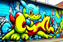 a graffiti mural wall with the word cell pokemon style