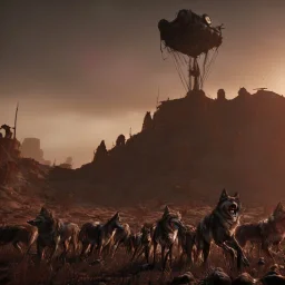 wolves zombies decomposition attack desert hunters carcasses bleeding victims dead animals dawn airship in the distance