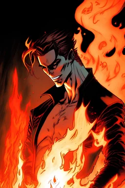 fire around a male vampire character not touching the edge of the picture comic