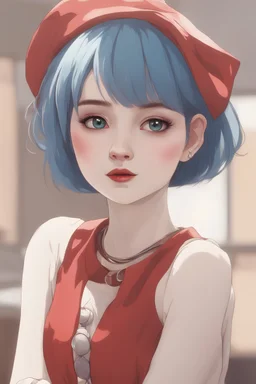 cute girl with white skin and short blue hair wearing a red dress