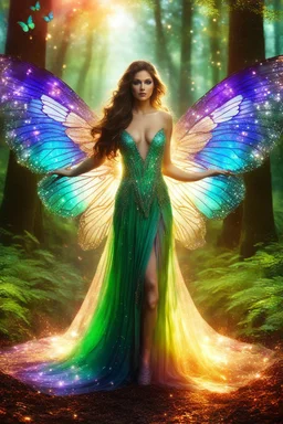 Gorgeous Photography Realistic Natural Beautiful Angel woman straddle wings with gown shiny brown flowing hair, glitter colorful butterfly wings, lovely glowing green eyes, surrounded by magical colorful forest and flickering lights, digital photography, kaleidoscope, vibrant colors, vivid colors, colorful,she wak in magic forest full sparkling light