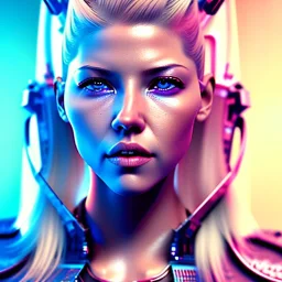 Katheryn Winnick, hyper realistic, cyberpunk style, shaved hair, latex, gradient color, BLUE, PINK, CYAN, neon, insanely detailed, 16k resolution, perfect eyes, cinematic smooth, intricate detail